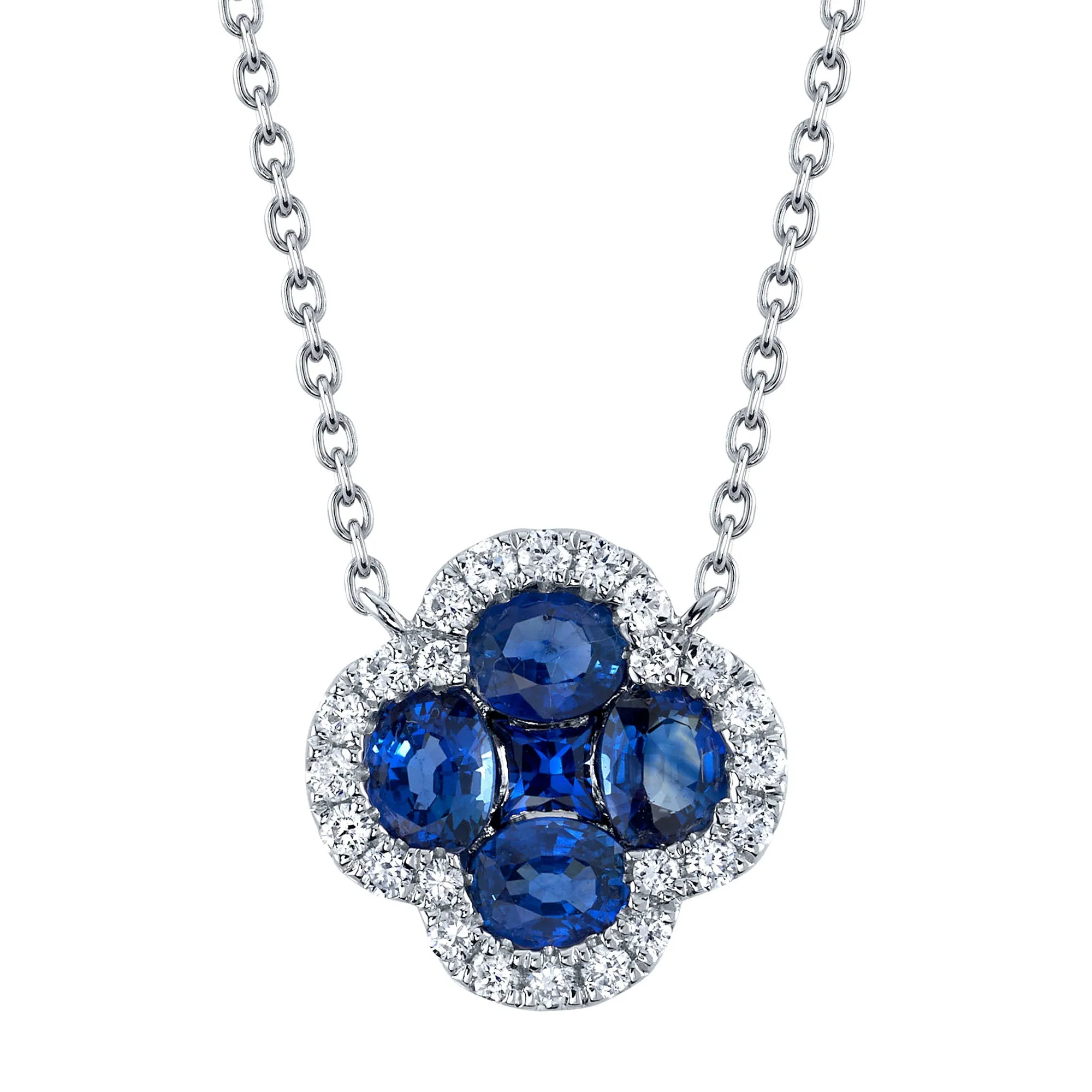 0.16CT DIAMOND & 1.14CT BLUE SAPPHIRE 14K W/G CLOVER NECKLACE