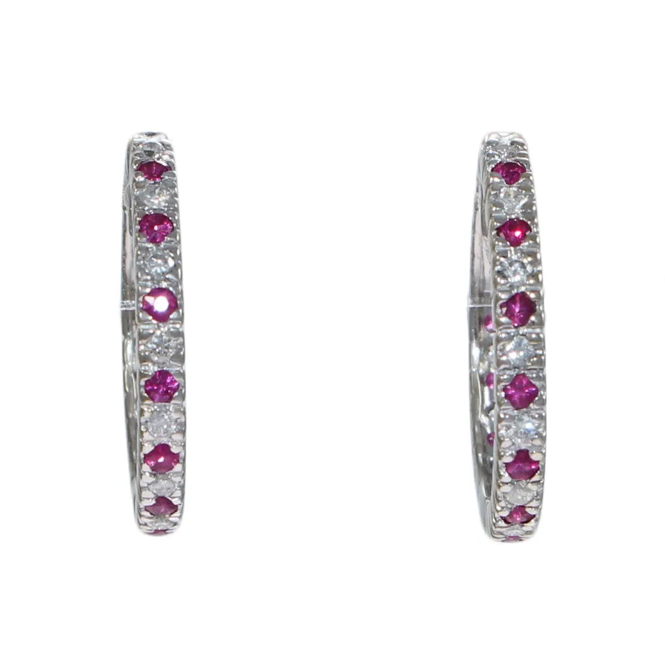 1.16CTW Ruby Diamond 3mm Hoop Earrings 14k White Gold Womens Estate 6.3g