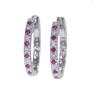 1.16CTW Ruby Diamond 3mm Hoop Earrings 14k White Gold Womens Estate 6.3g