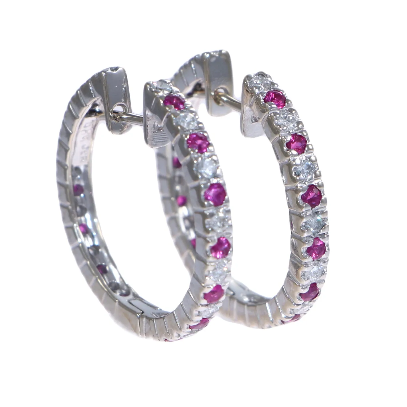 1.16CTW Ruby Diamond 3mm Hoop Earrings 14k White Gold Womens Estate 6.3g