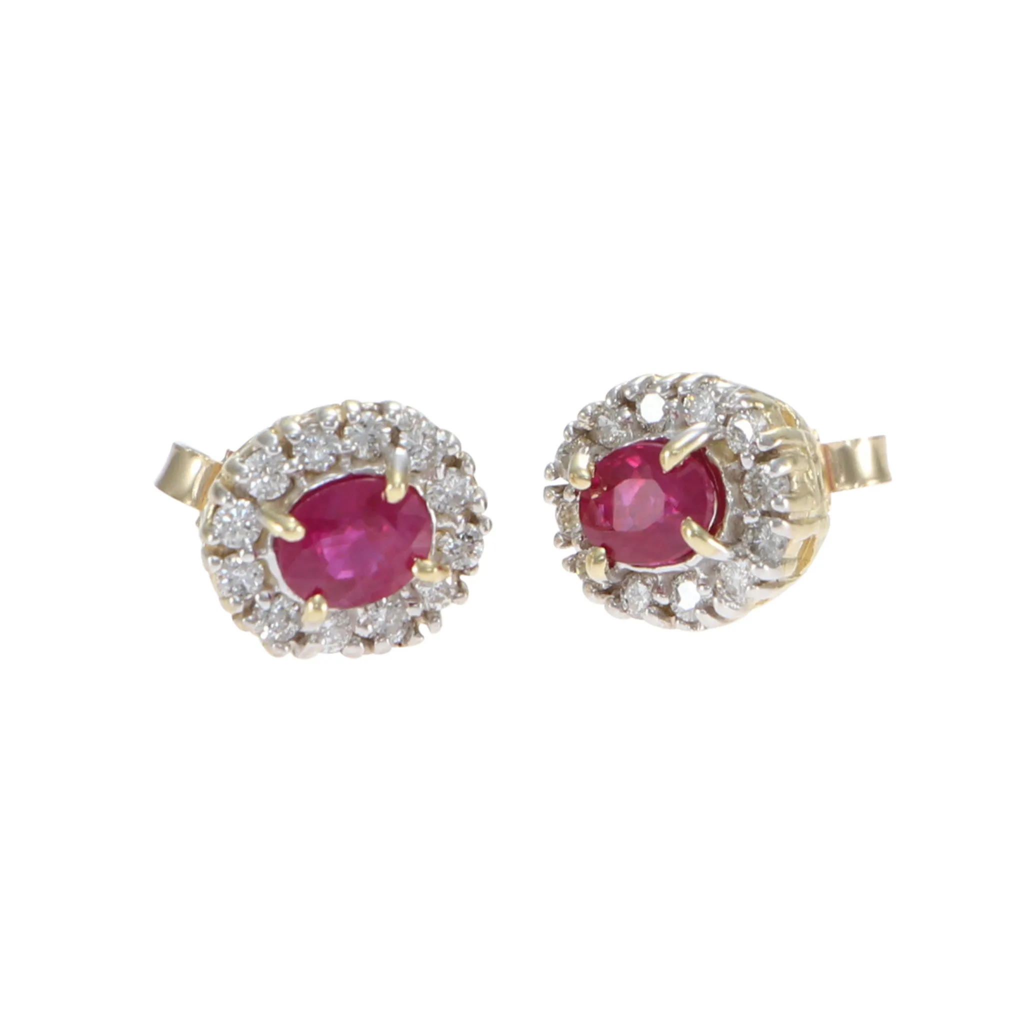 1.18CTW Ruby Diamond Halo Stud Earrings 14k Yellow Gold Womens Vintage Estate