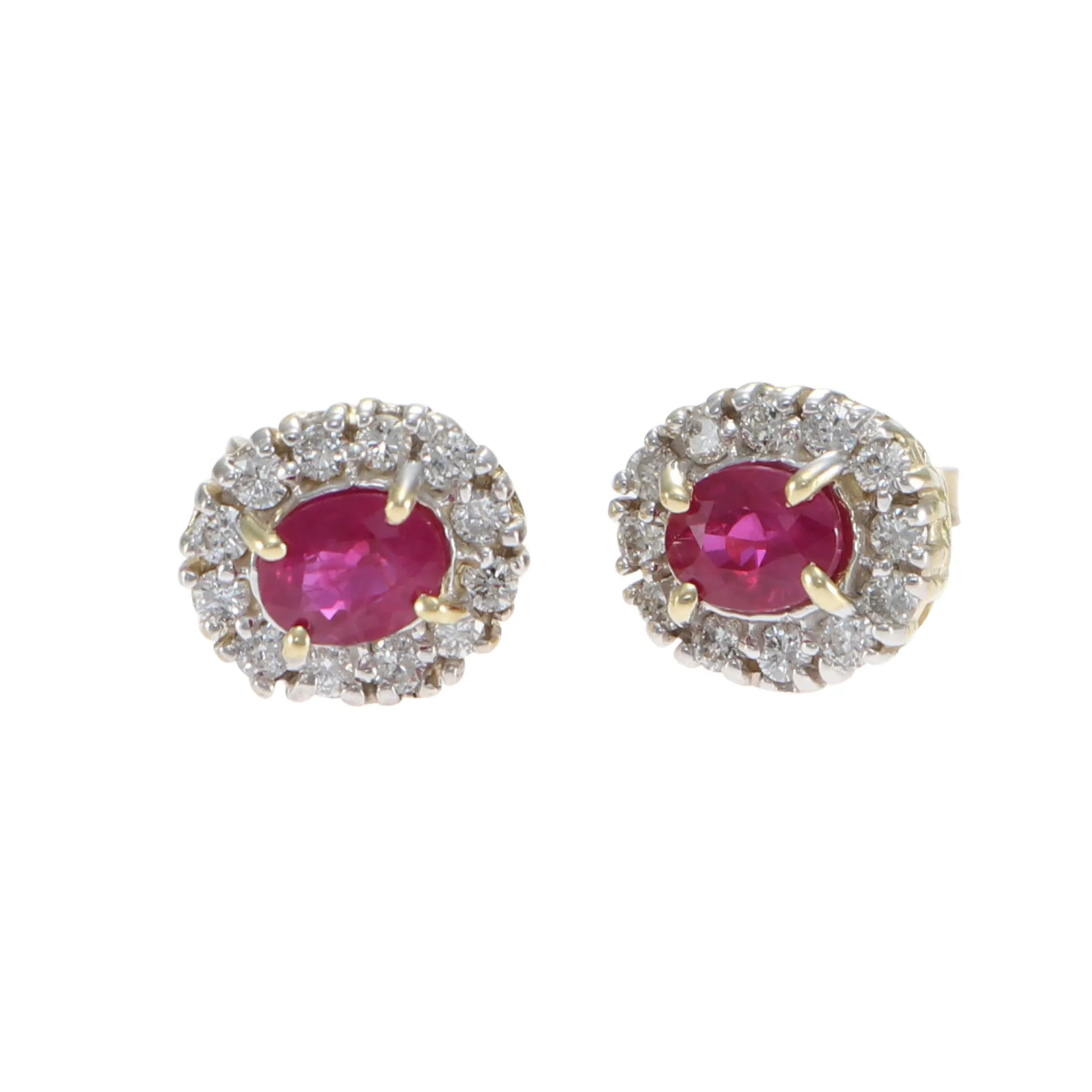 1.18CTW Ruby Diamond Halo Stud Earrings 14k Yellow Gold Womens Vintage Estate