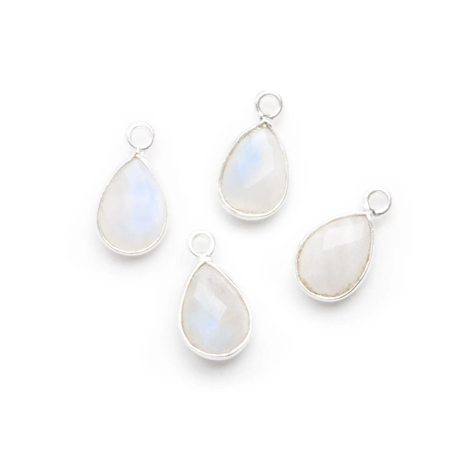 11x8mm Silver Bezel Rainbow Moonstone Faceted Pear Pendants Set of 4