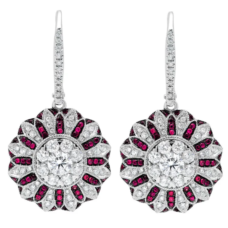 1.48ct Diamond & 0.29ct Ruby 14k White Gold Earring