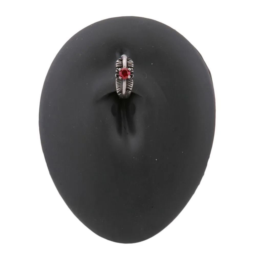 14g 3/8” Dark Red Jeweled Feather Burnished Silver Steel Clicker — Price Per 1