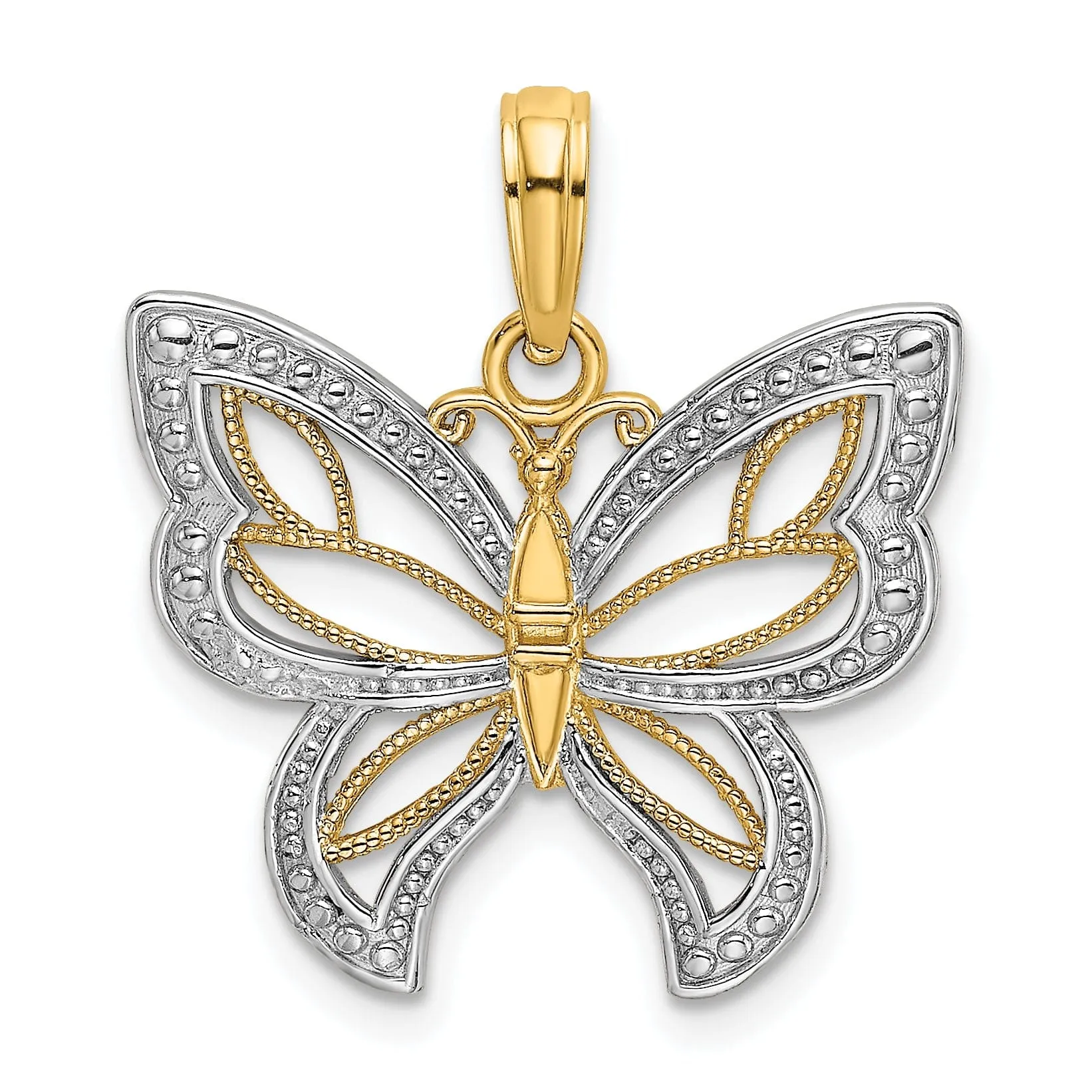 14k Two-tone Gold Solid Open Back Polished Finish Butterfly Beaded Wings Charm Pendant