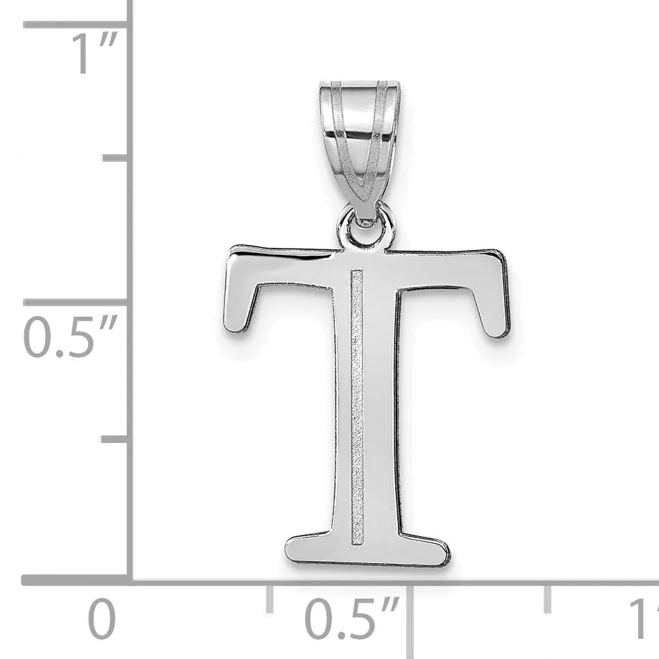 14k White Gold Etched Finish Block Letter T Initial Design Pendant