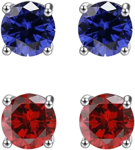 14k White Gold Plated 4Ct Created Blue sapphire and  Ruby 2 Pair Round Stud Earrings