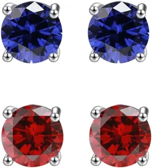 14k White Gold Plated 4Ct Created Blue sapphire and  Ruby 2 Pair Round Stud Earrings