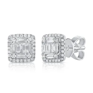 14K White Gold Round Baguette Diamond Medium Earrings