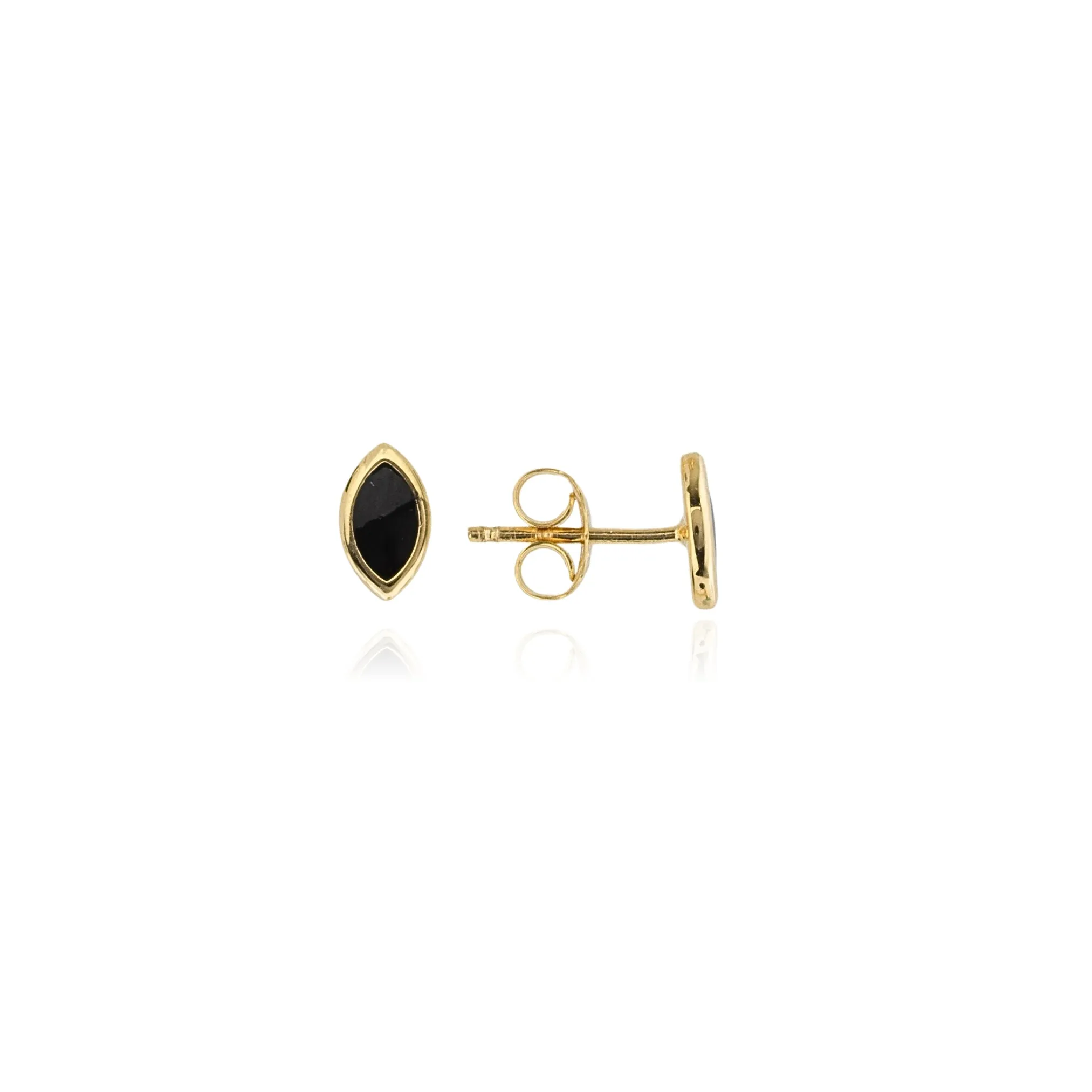 14K YELLOW GOLD MARQUISE SHAPE BLACK ENAMEL STUD EARRINGS