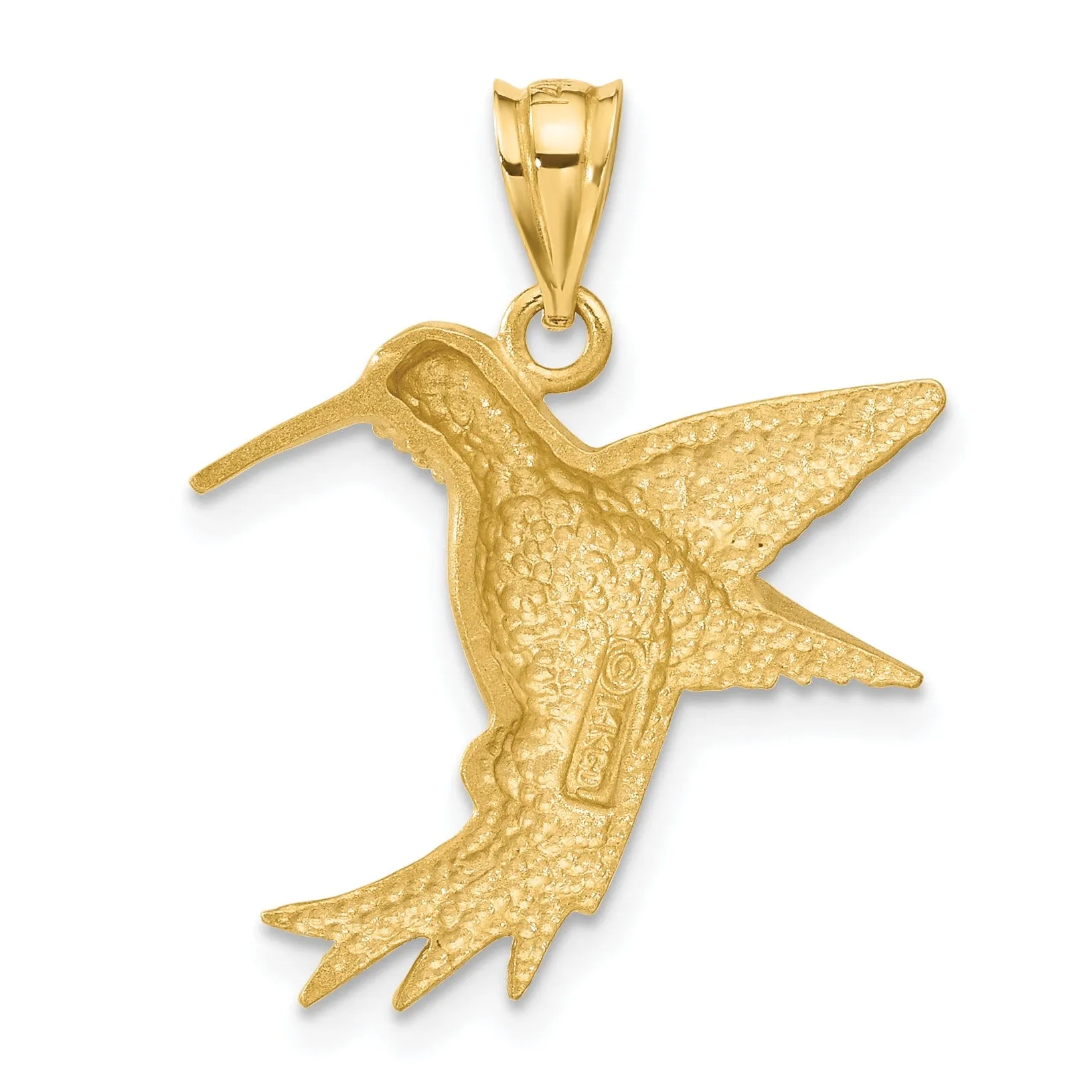 14k Yellow Gold Solid Brushed Finish Flying Hummingbird Design Charm Pendant