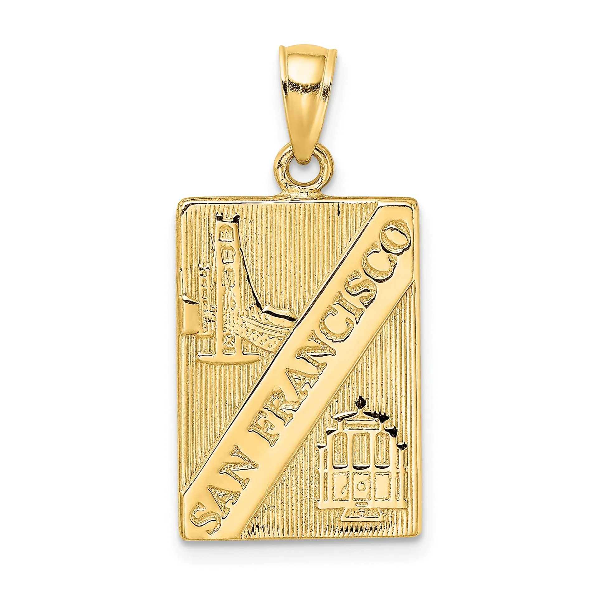 14K Yellow Gold Textured Polished Finish SAN FRANCISCO with Bridge & Trolley Car Design Reversible Charm Pendant