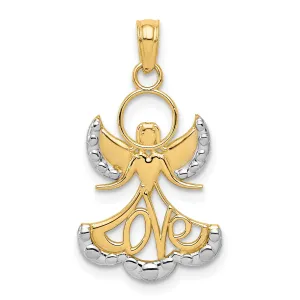 14K Yellow Gold White Rhodium Polish Finish Concave LOVE Angel Pendant