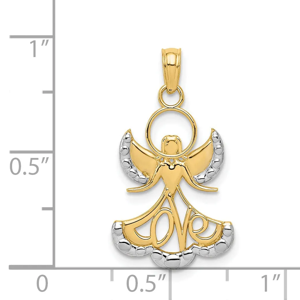 14K Yellow Gold White Rhodium Polish Finish Concave LOVE Angel Pendant