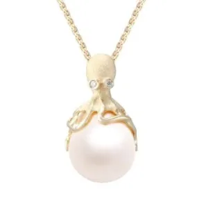 14K Yellow Octopus Natural Diamond and 11 mm Fresh Water Pearl Pendant