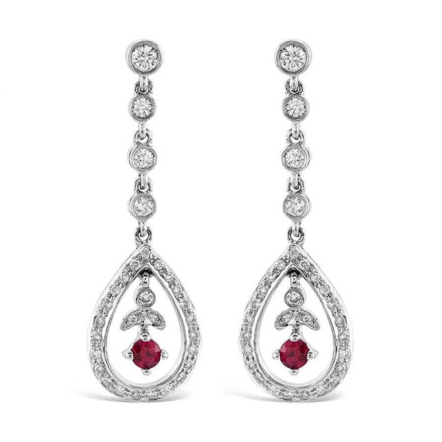 18ct White Gold Ruby & Diamond Open Teardrop Shaped Drop Earrings