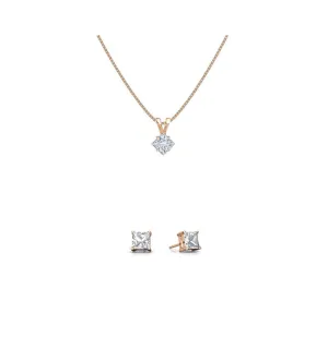 18K Rose Gold 4ct White Sapphire Square 18 Inch Necklace and Earrings Set Plated