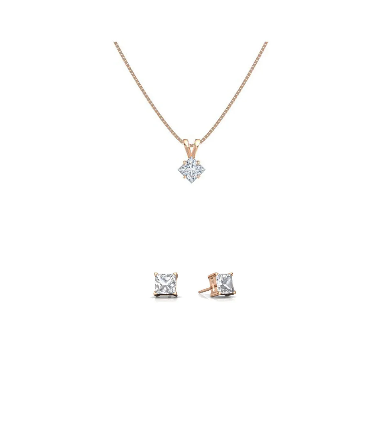 18K Rose Gold 4ct White Sapphire Square 18 Inch Necklace and Earrings Set Plated