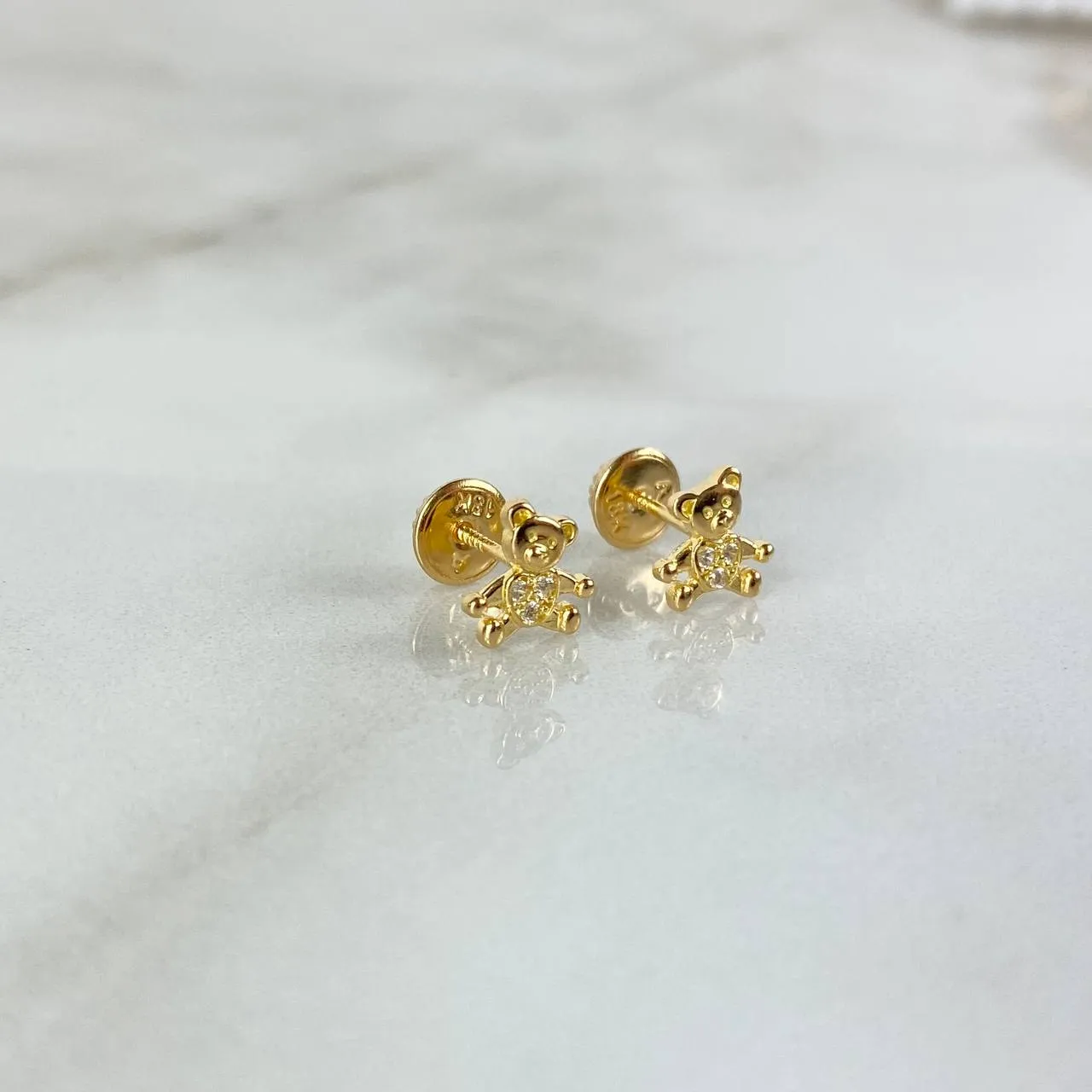 18K Yellow Gold Teddy Bear White Zircons Stud Earrings 1gr