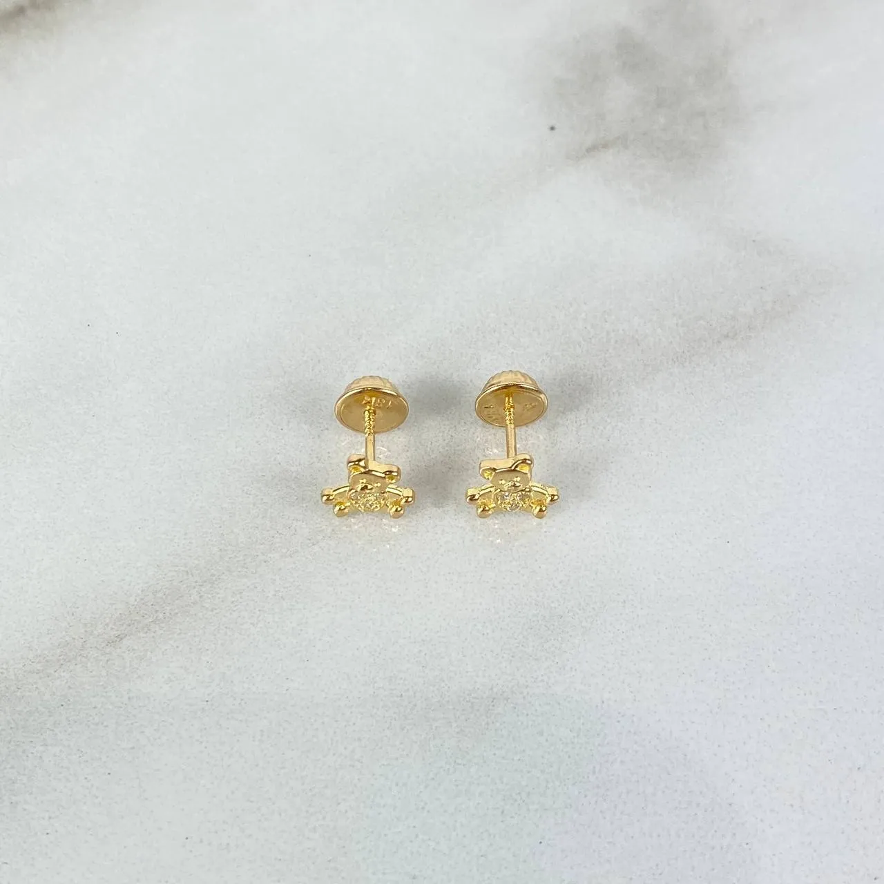 18K Yellow Gold Teddy Bear White Zircons Stud Earrings 1gr