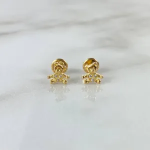 18K Yellow Gold Teddy Bear White Zircons Stud Earrings 1gr