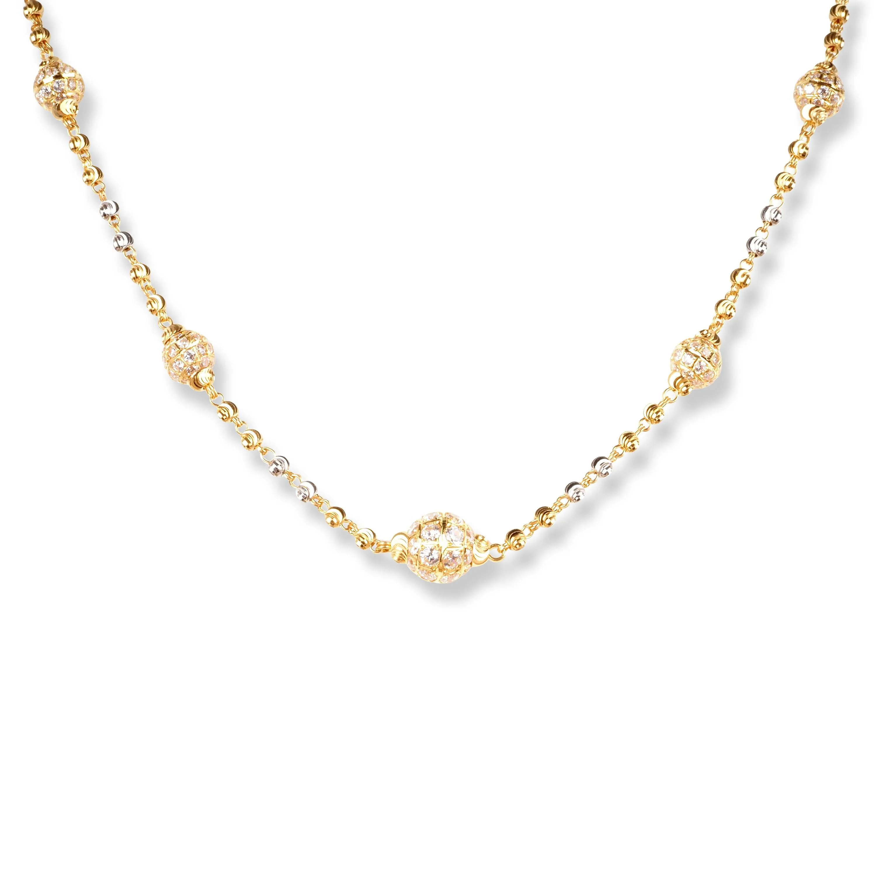 22ct Gold Necklace with Cubic Zirconia Stones and Rhodium Plated Diamond Cut Beads N-7900