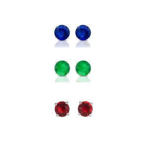 24k White Gold Plated 3Ct Created Blue Sapphire, Emerald and Ruby 3 Pair Round Stud Earrings