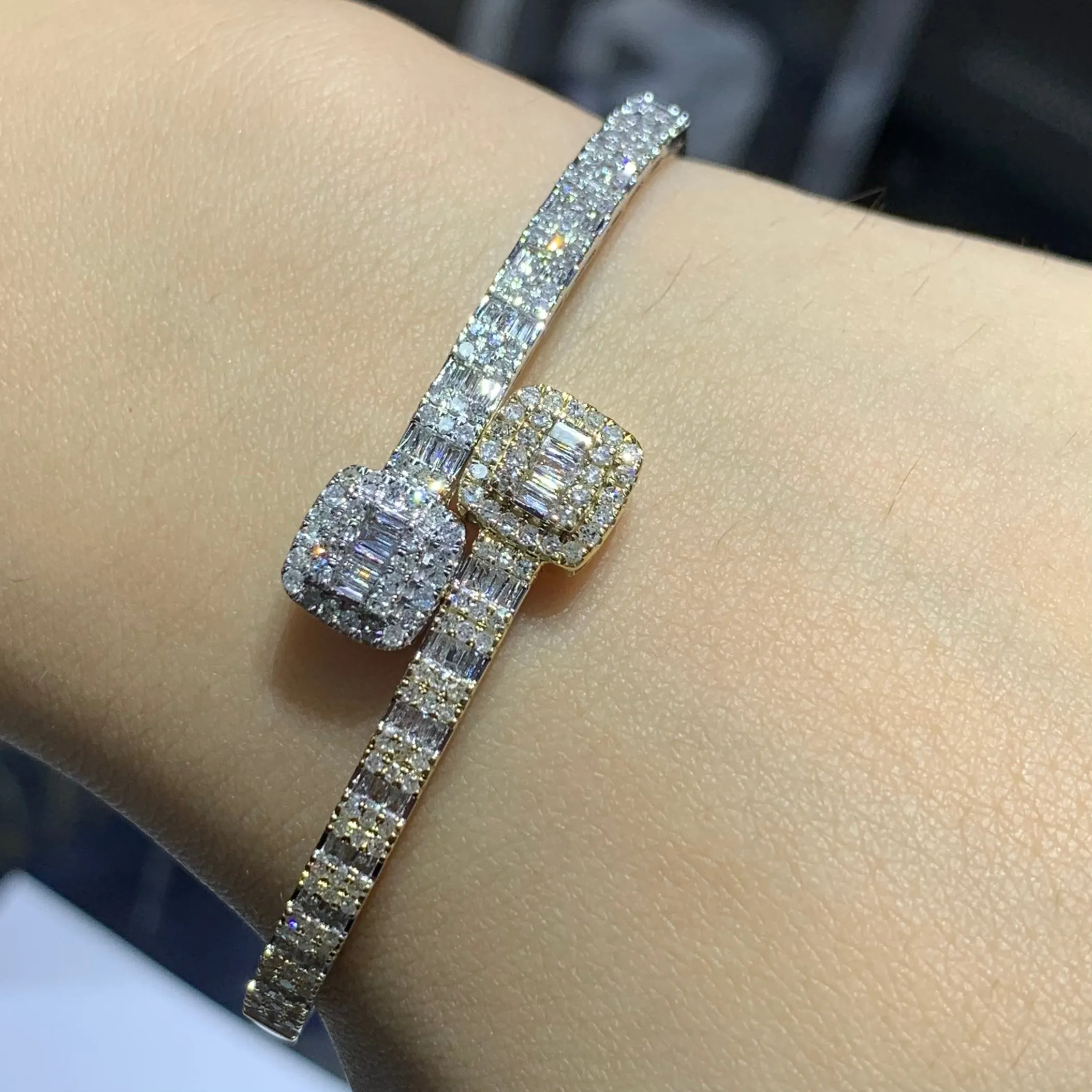 4 piece deal: 41mm Iced out 18k Gold Rolex Watch with Two-Tone Jubilee Bracelet    Two-tone Gold Twin Squares Cuff Diamond Bracelet   Flower Diamond Earrings Set   Gift from Marchello the Jeweler