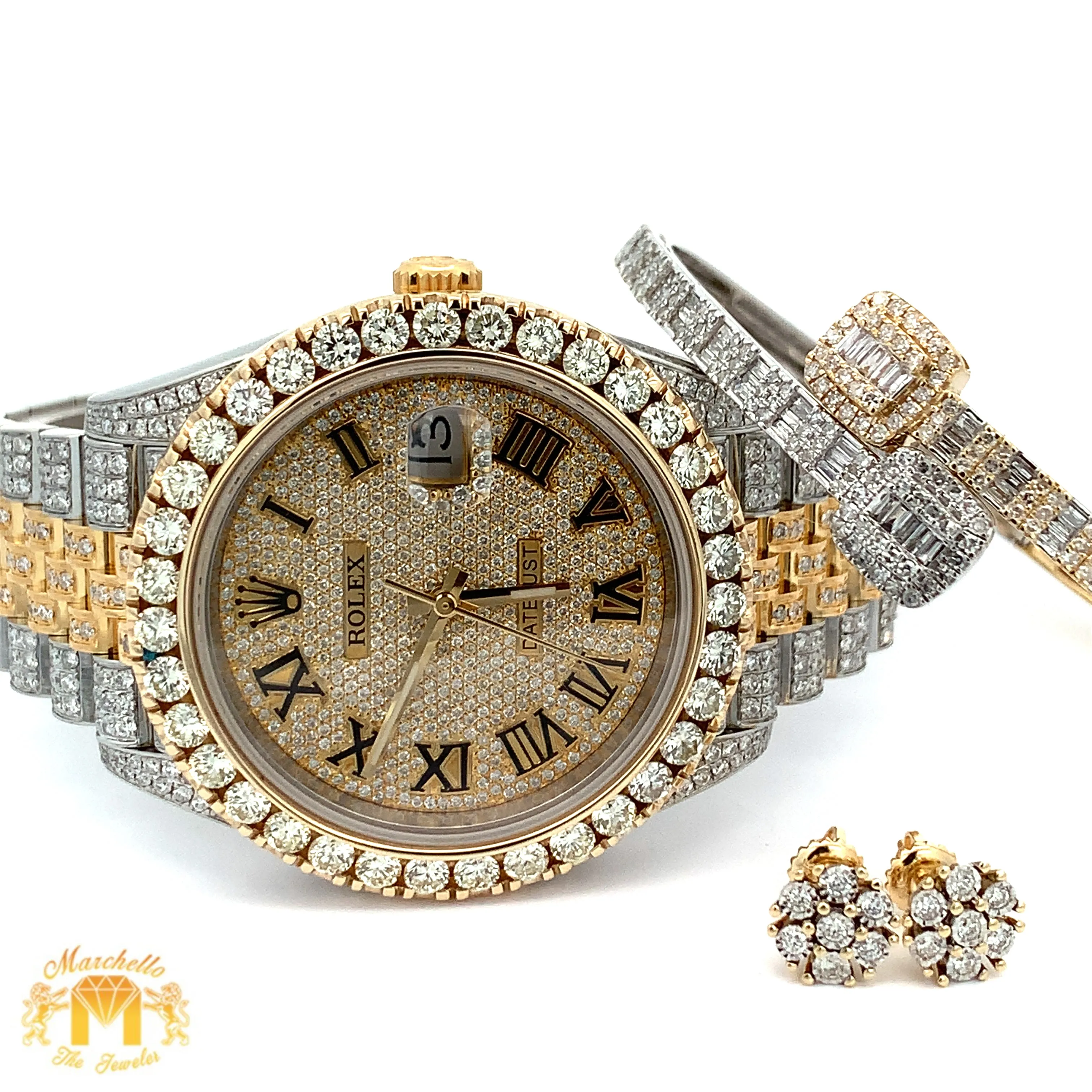 4 piece deal: 41mm Iced out 18k Gold Rolex Watch with Two-Tone Jubilee Bracelet    Two-tone Gold Twin Squares Cuff Diamond Bracelet   Flower Diamond Earrings Set   Gift from Marchello the Jeweler