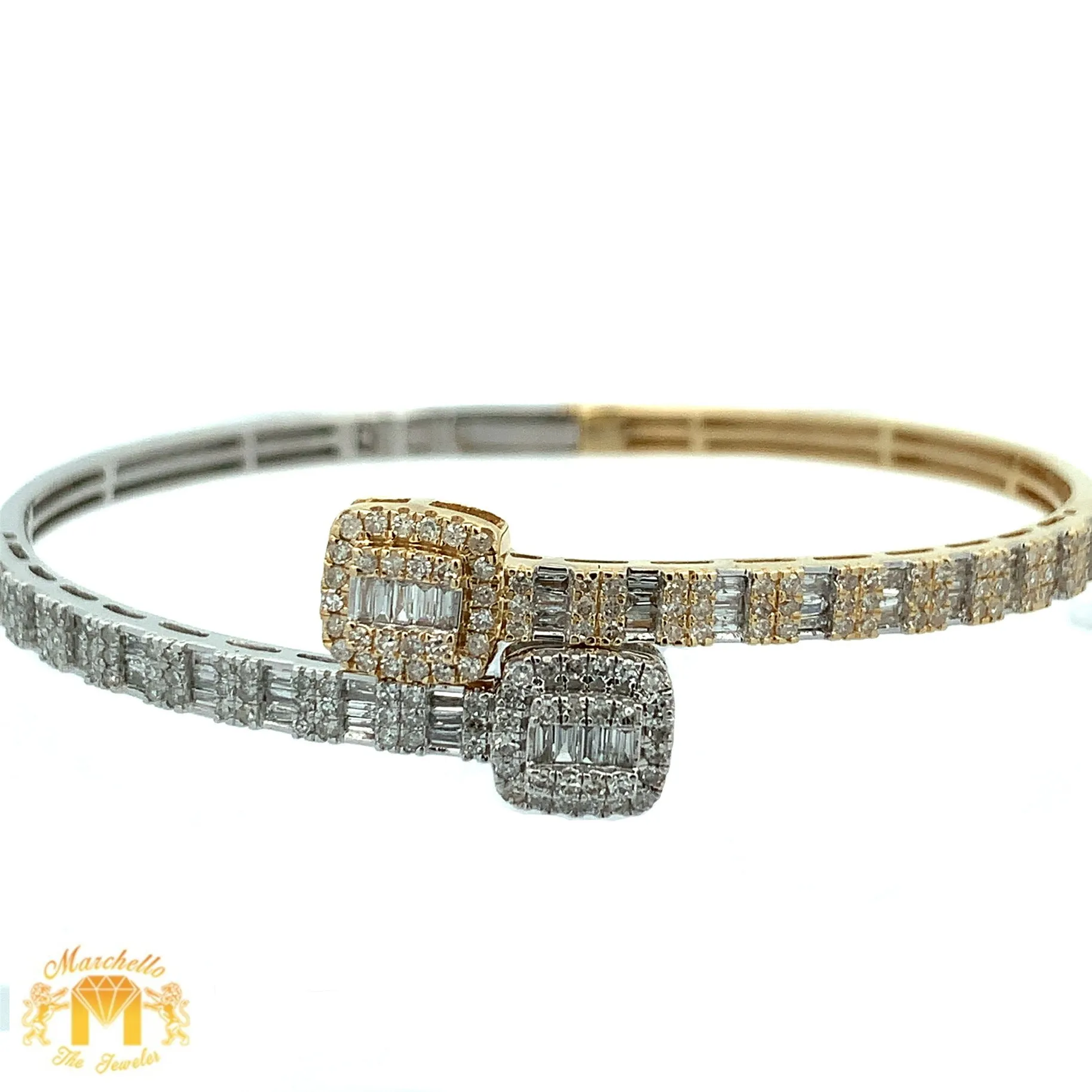 4 piece deal: 41mm Iced out 18k Gold Rolex Watch with Two-Tone Jubilee Bracelet    Two-tone Gold Twin Squares Cuff Diamond Bracelet   Flower Diamond Earrings Set   Gift from Marchello the Jeweler