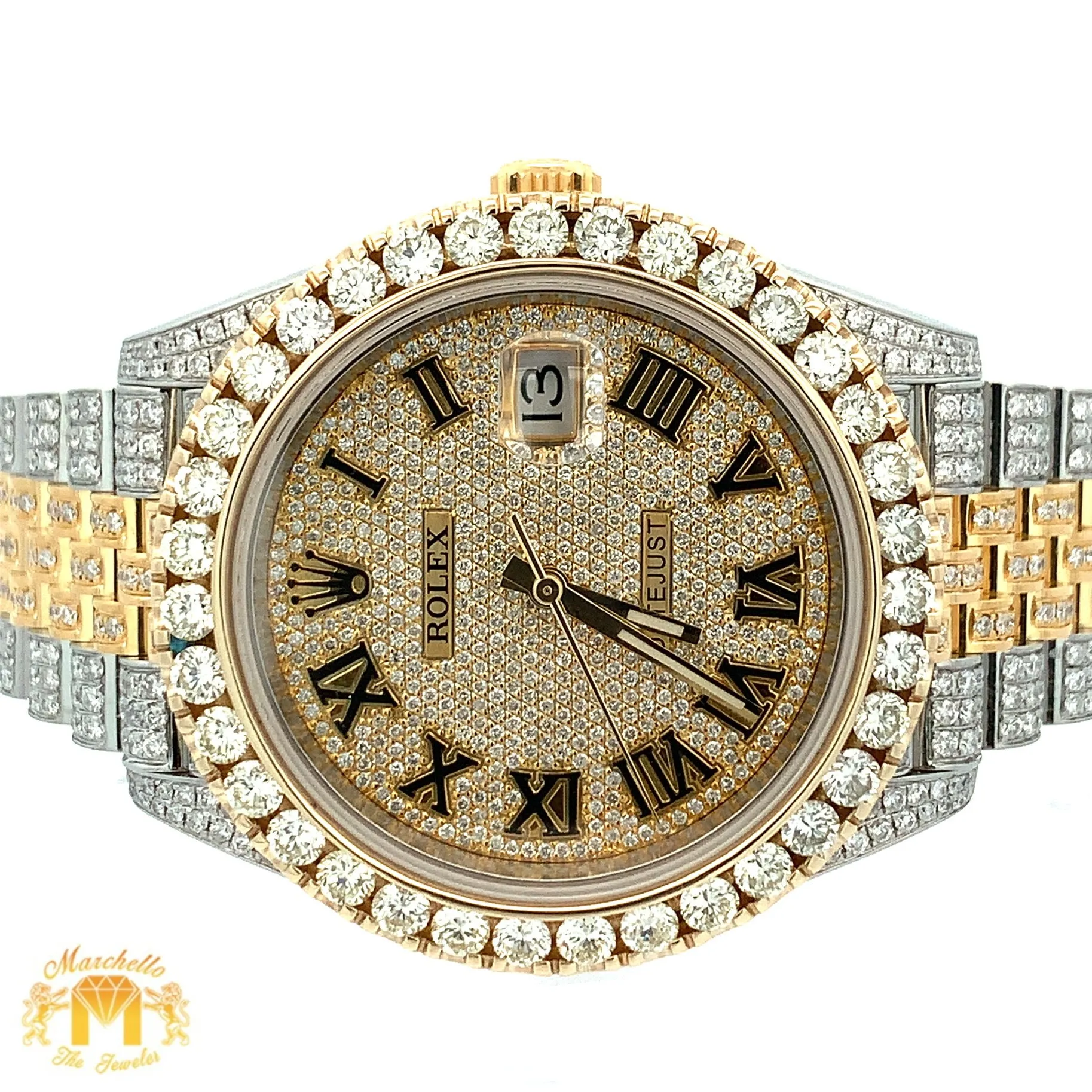 4 piece deal: 41mm Iced out 18k Gold Rolex Watch with Two-Tone Jubilee Bracelet    Two-tone Gold Twin Squares Cuff Diamond Bracelet   Flower Diamond Earrings Set   Gift from Marchello the Jeweler