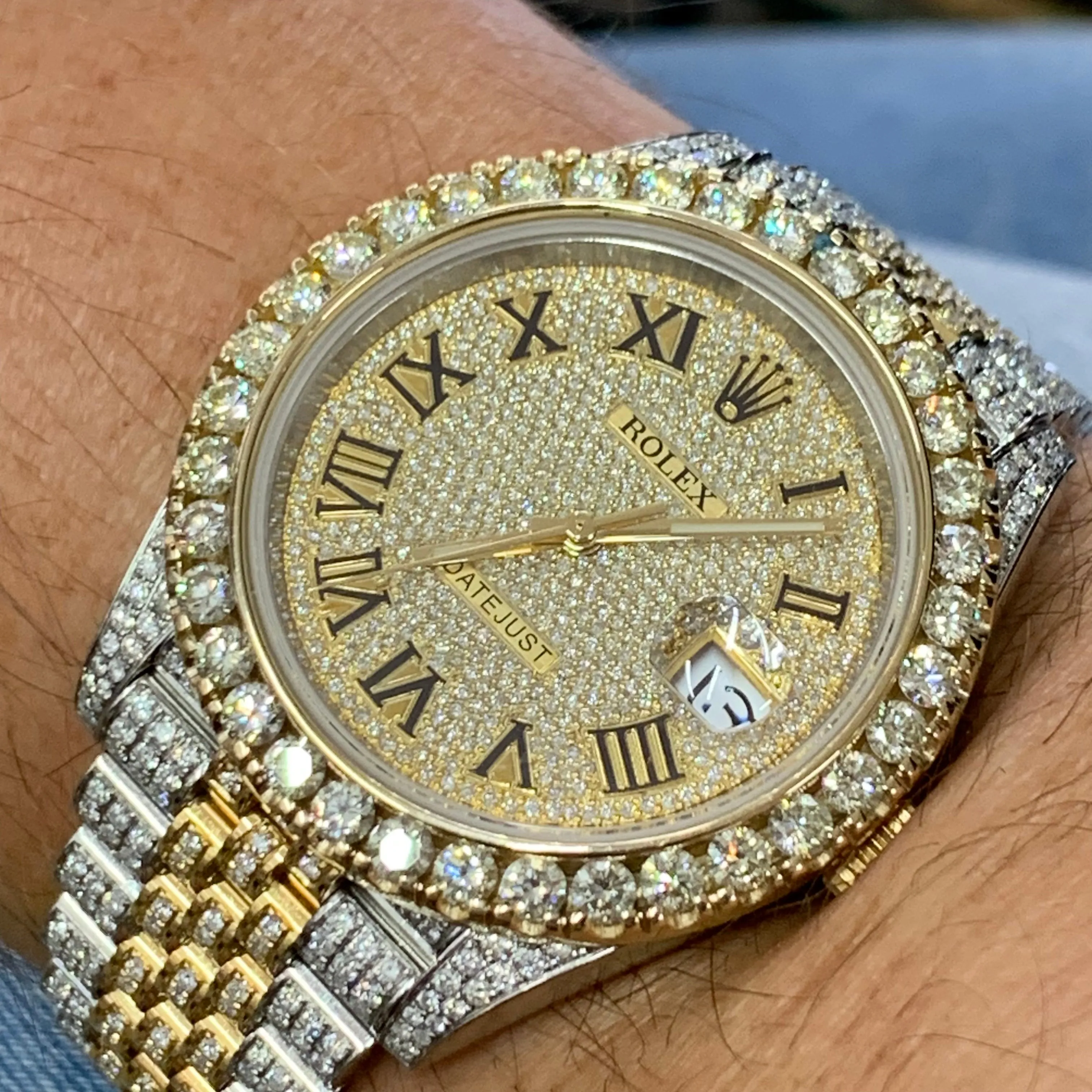 4 piece deal: 41mm Iced out 18k Gold Rolex Watch with Two-Tone Jubilee Bracelet    Two-tone Gold Twin Squares Cuff Diamond Bracelet   Flower Diamond Earrings Set   Gift from Marchello the Jeweler