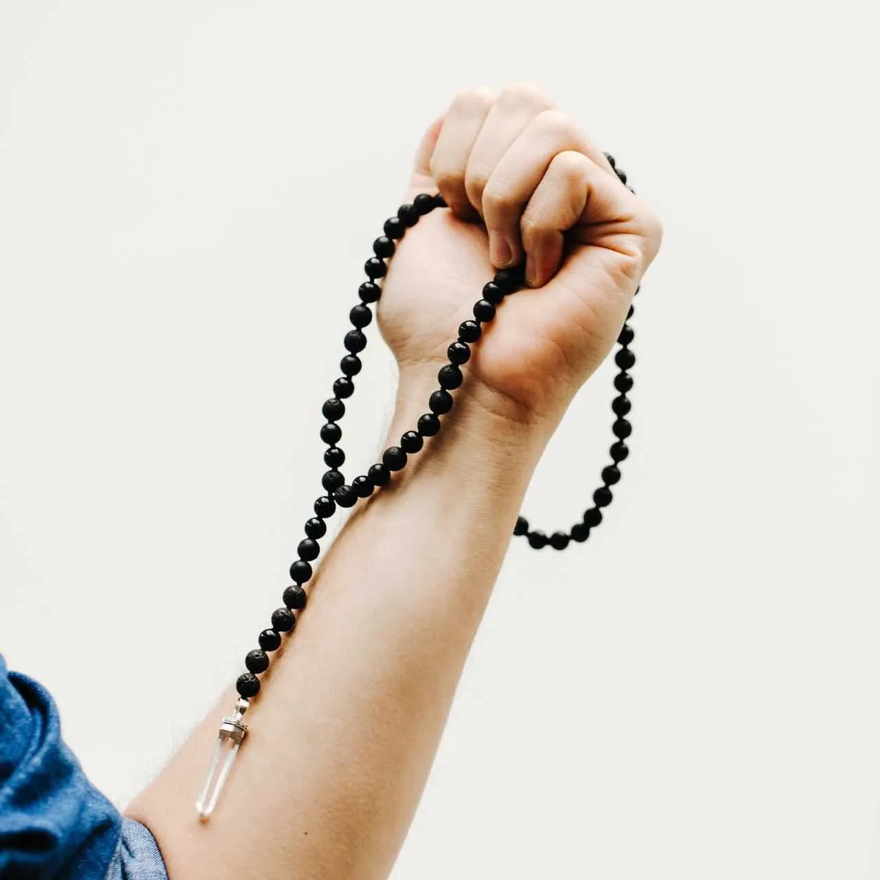 50 Shades of Black Tie Mala with Clear Crystal Pendant