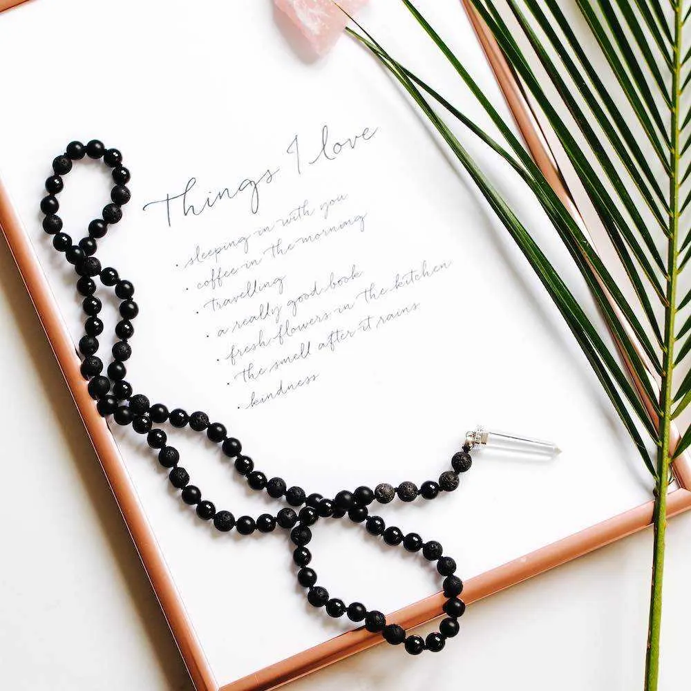 50 Shades of Black Tie Mala with Clear Crystal Pendant