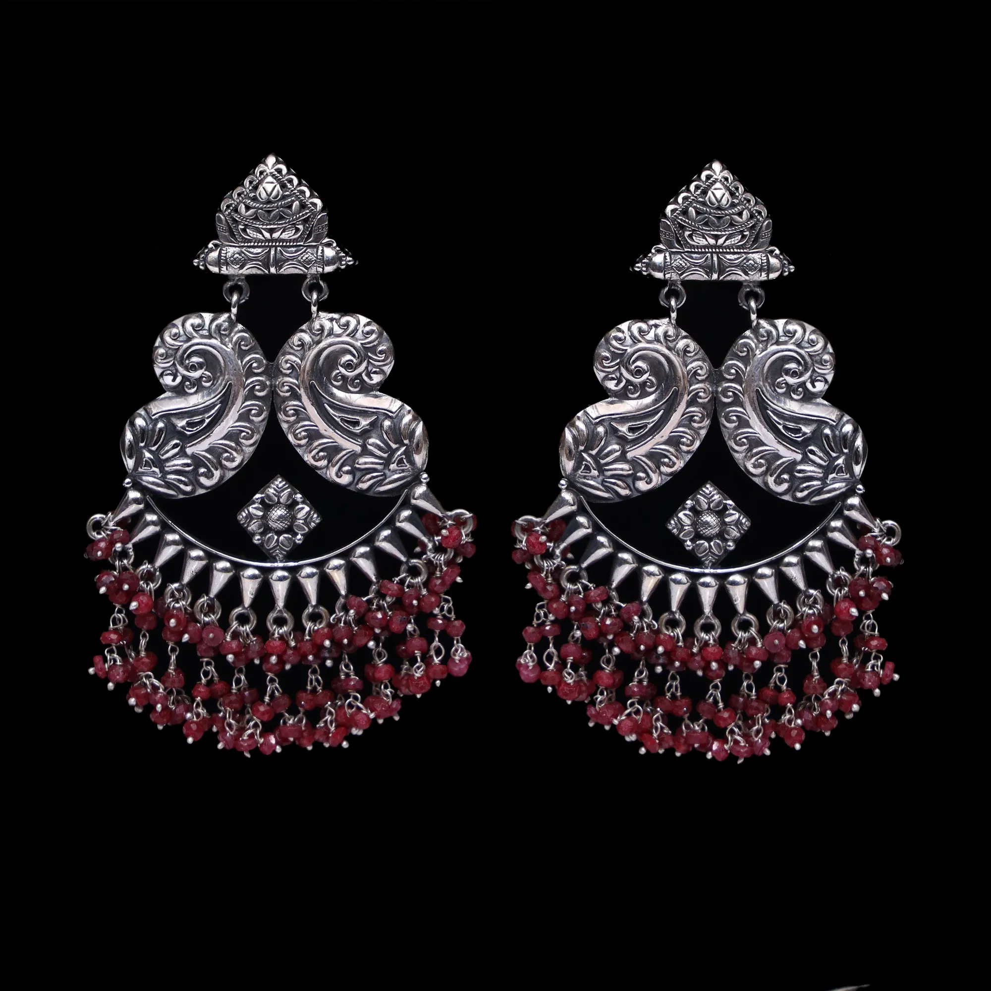 925 Silver Long Antique Look Handmade Earring with Ruby Color Hanging