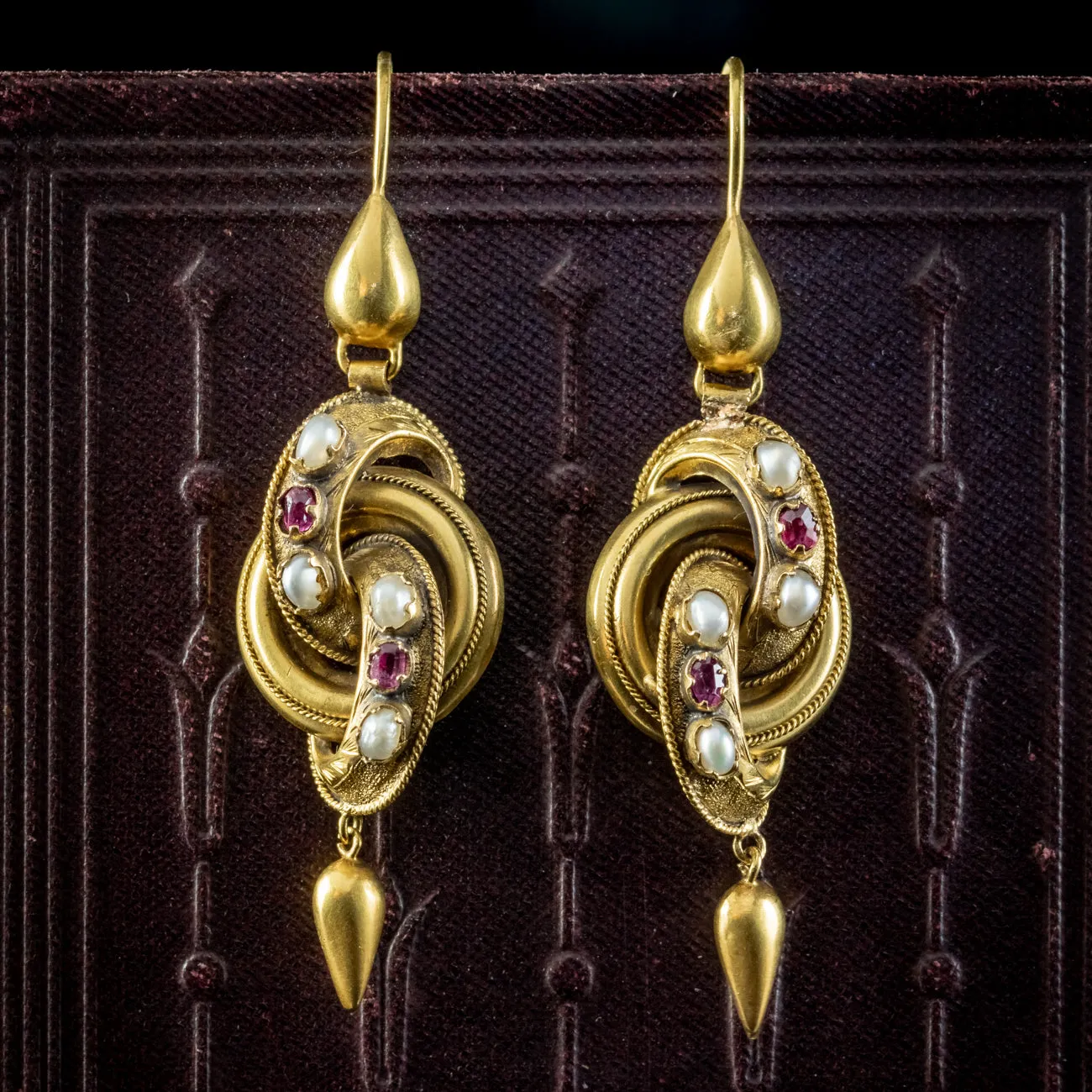 Antique Victorian Etruscan Ruby Pearl Knot Earrings 18ct Gold Circa 1860