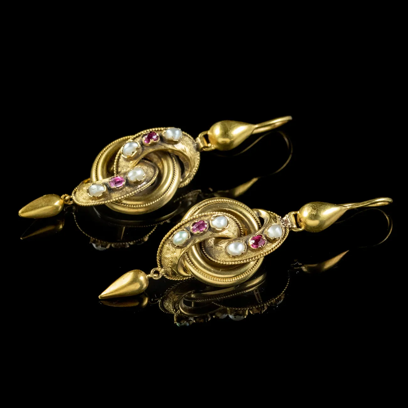 Antique Victorian Etruscan Ruby Pearl Knot Earrings 18ct Gold Circa 1860