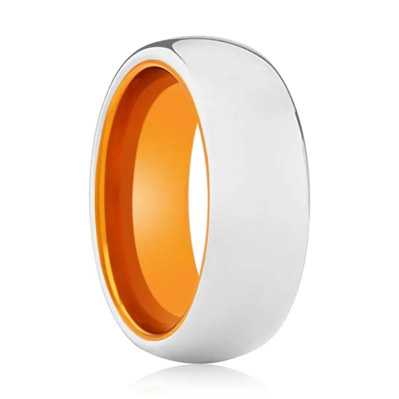 AUTUMNAL | Orange Ring, Silver Tungsten Ring, Shiny, Domed