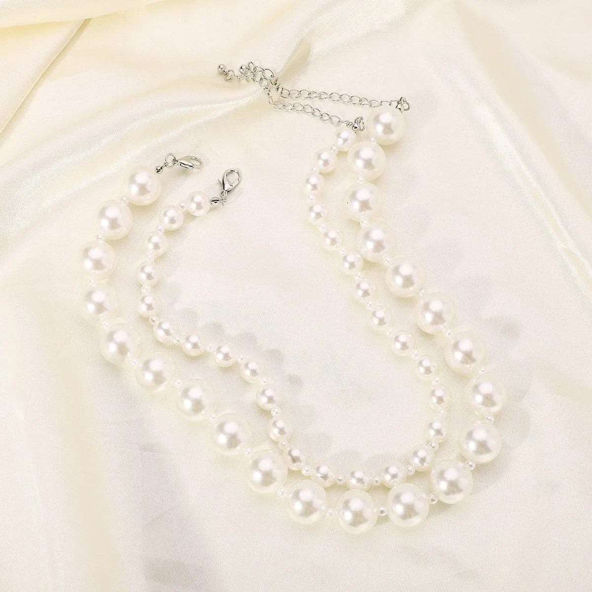 Beaded faux pearl layered choker necklace