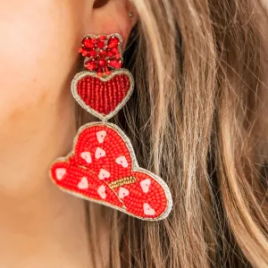 Beaded Heart and Cowboy Hat Earrings with Pink Hearts in Red