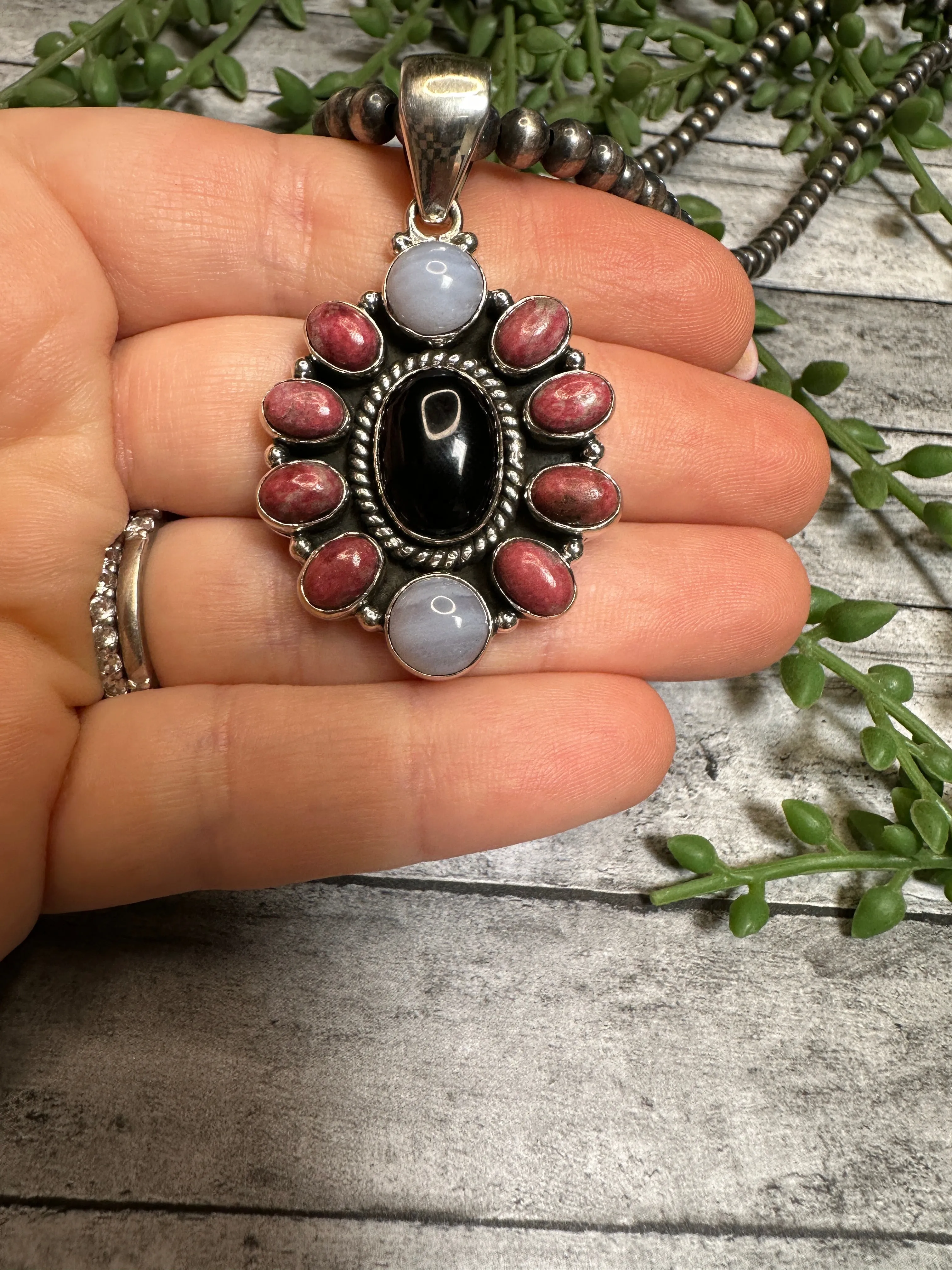 Beautiful Handmade Sterling Silver, Rhodonite, Onyx Cluster Pendant