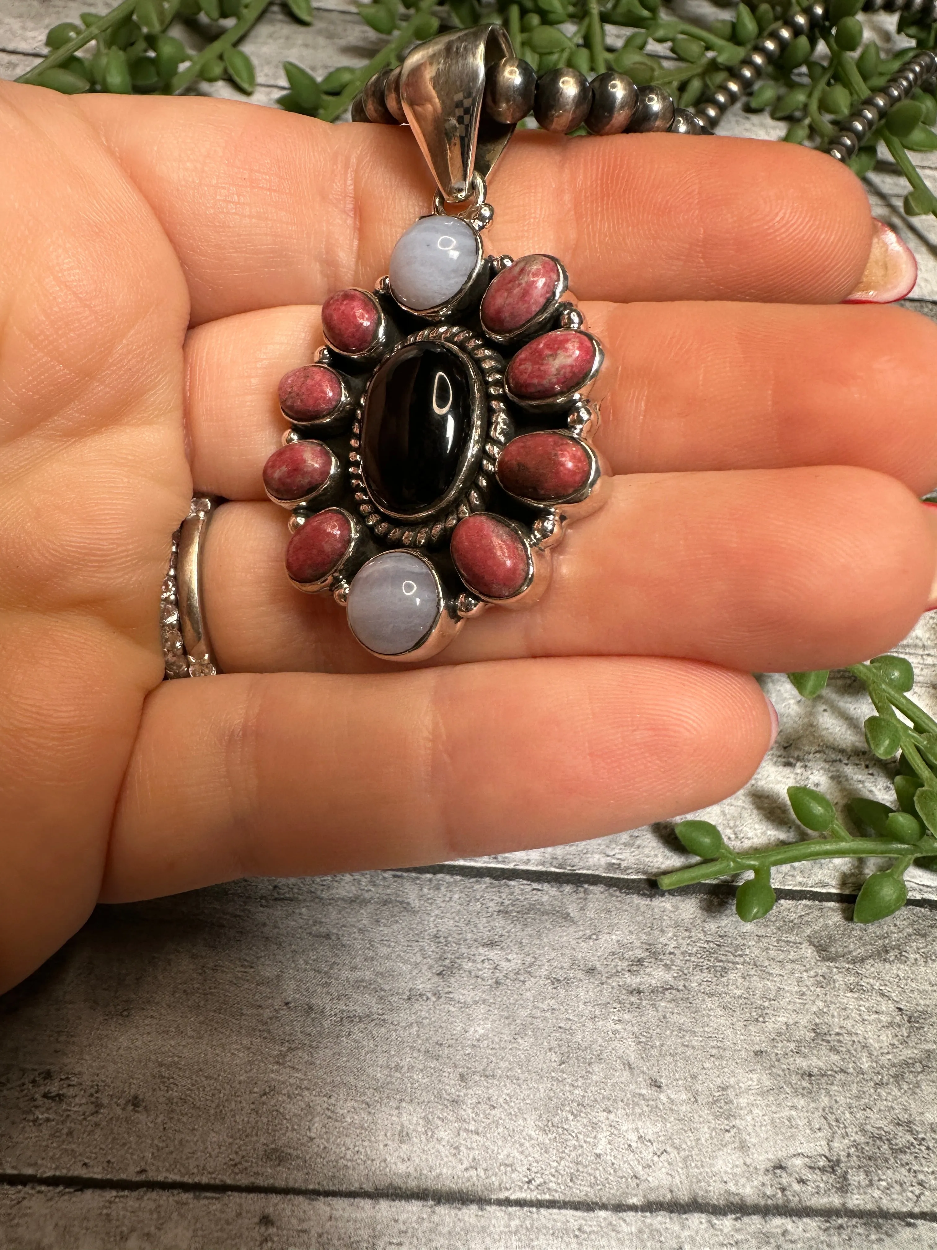 Beautiful Handmade Sterling Silver, Rhodonite, Onyx Cluster Pendant