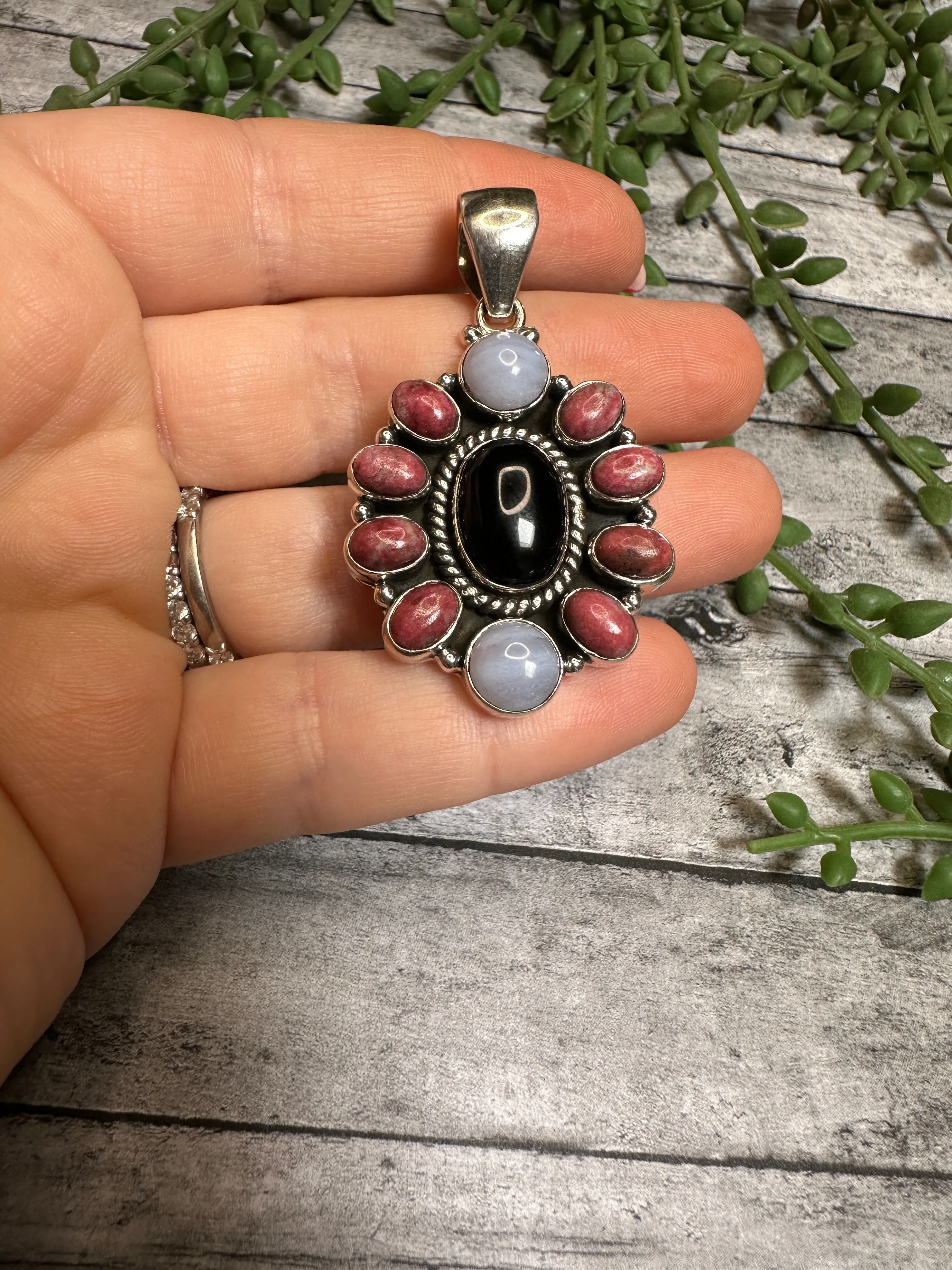 Beautiful Handmade Sterling Silver, Rhodonite, Onyx Cluster Pendant