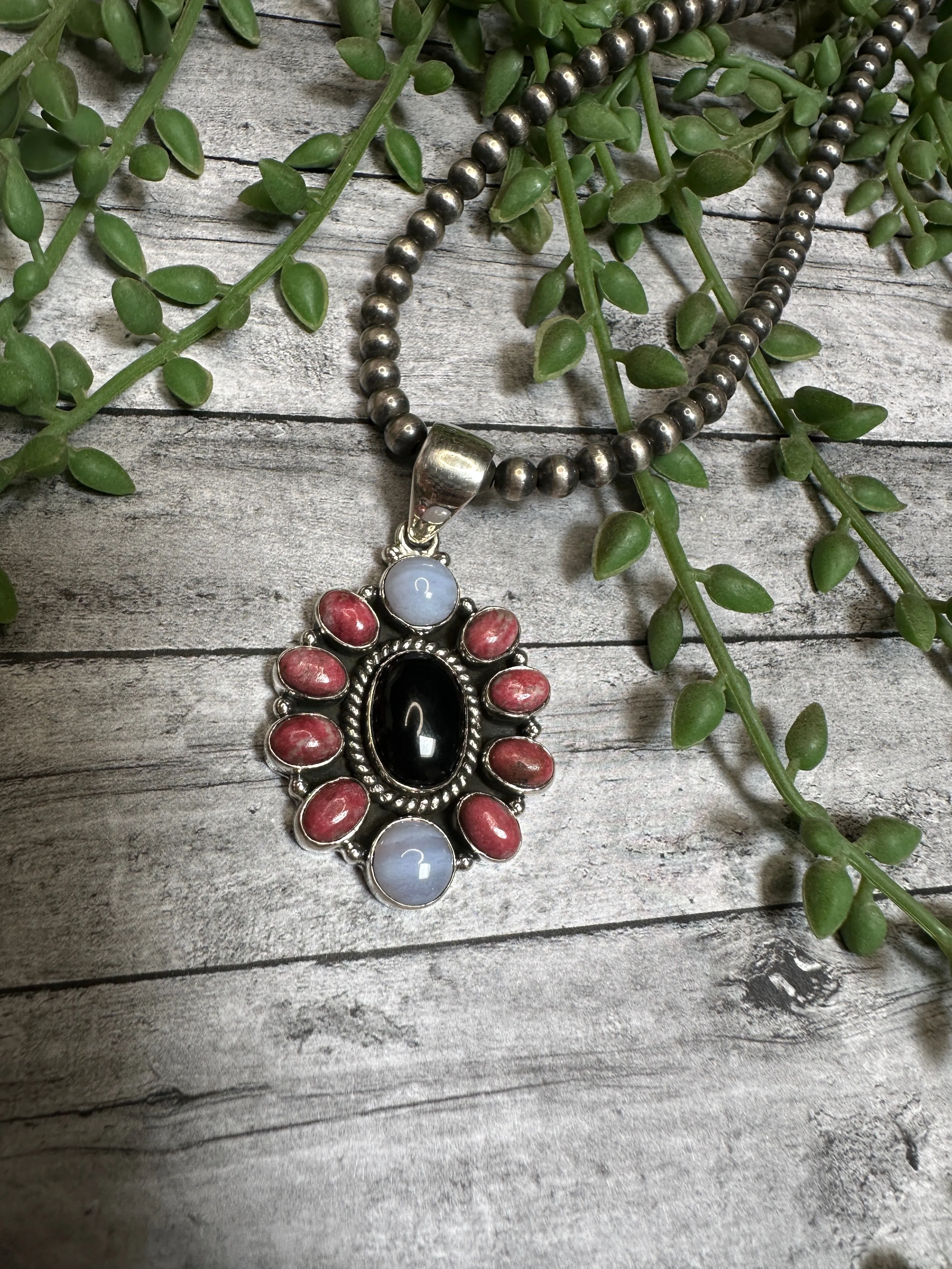 Beautiful Handmade Sterling Silver, Rhodonite, Onyx Cluster Pendant