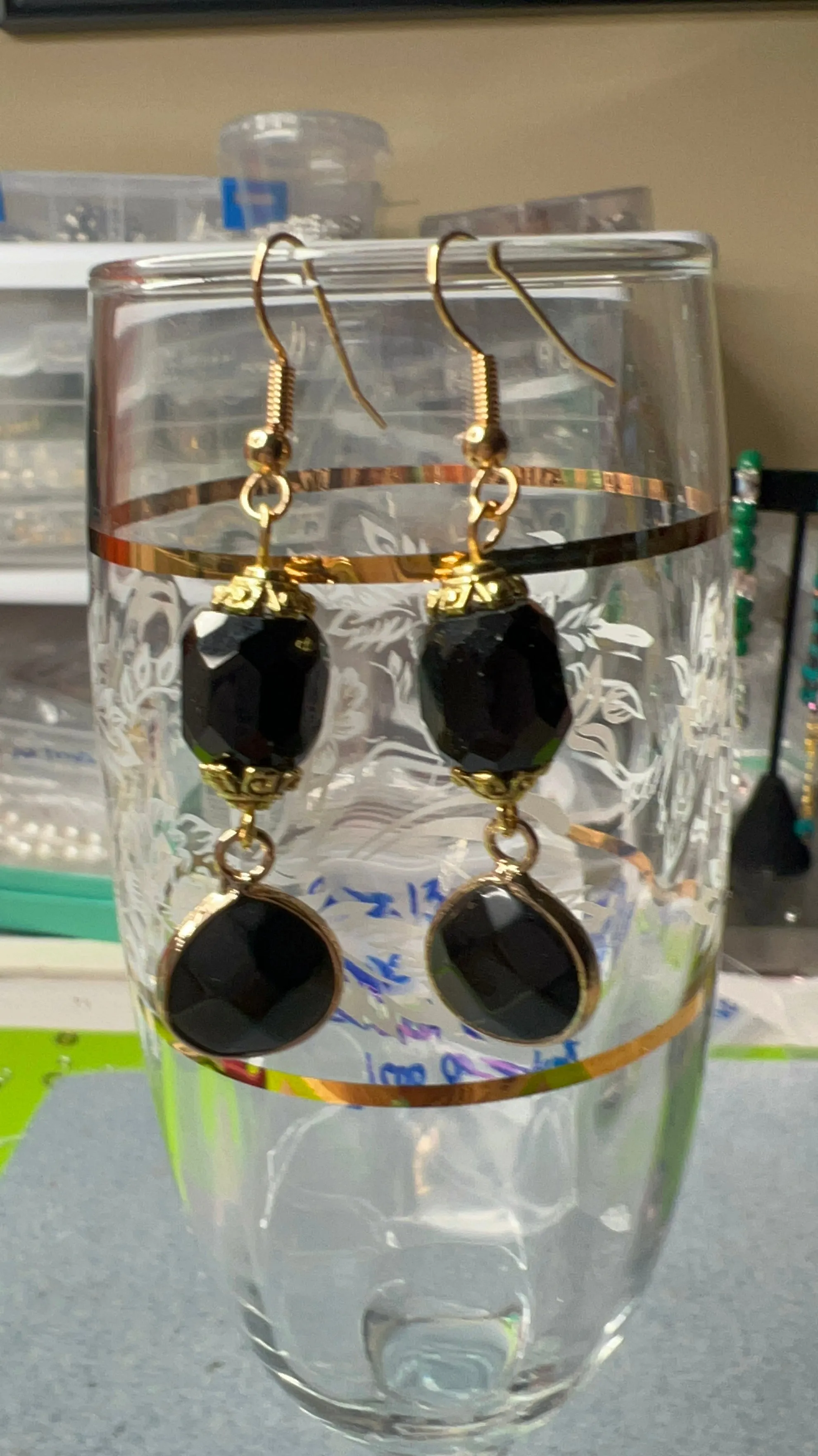 Black and Onyx Teardrop with Gold Earrings