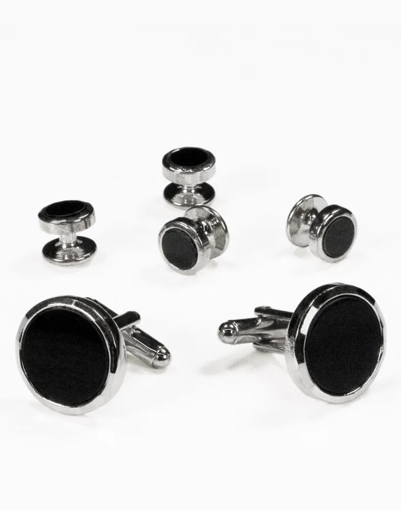 Black Circular Onyx with Silver Facet Cut Edge Studs and Cufflinks Set