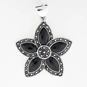 Black Onyx and Marcasite Flower Pendant