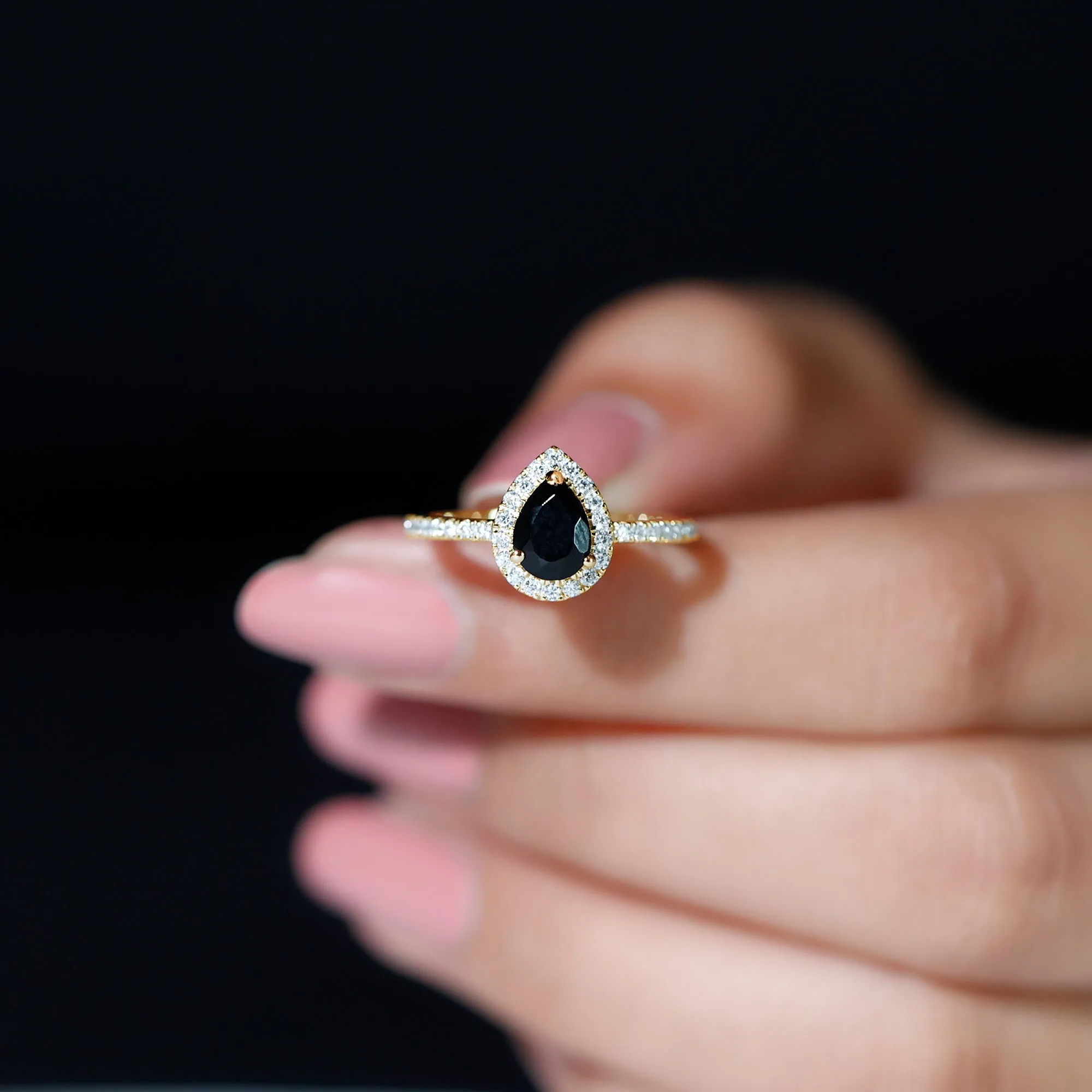 Black Onyx Teardrop Engagement Ring with Diamond Halo