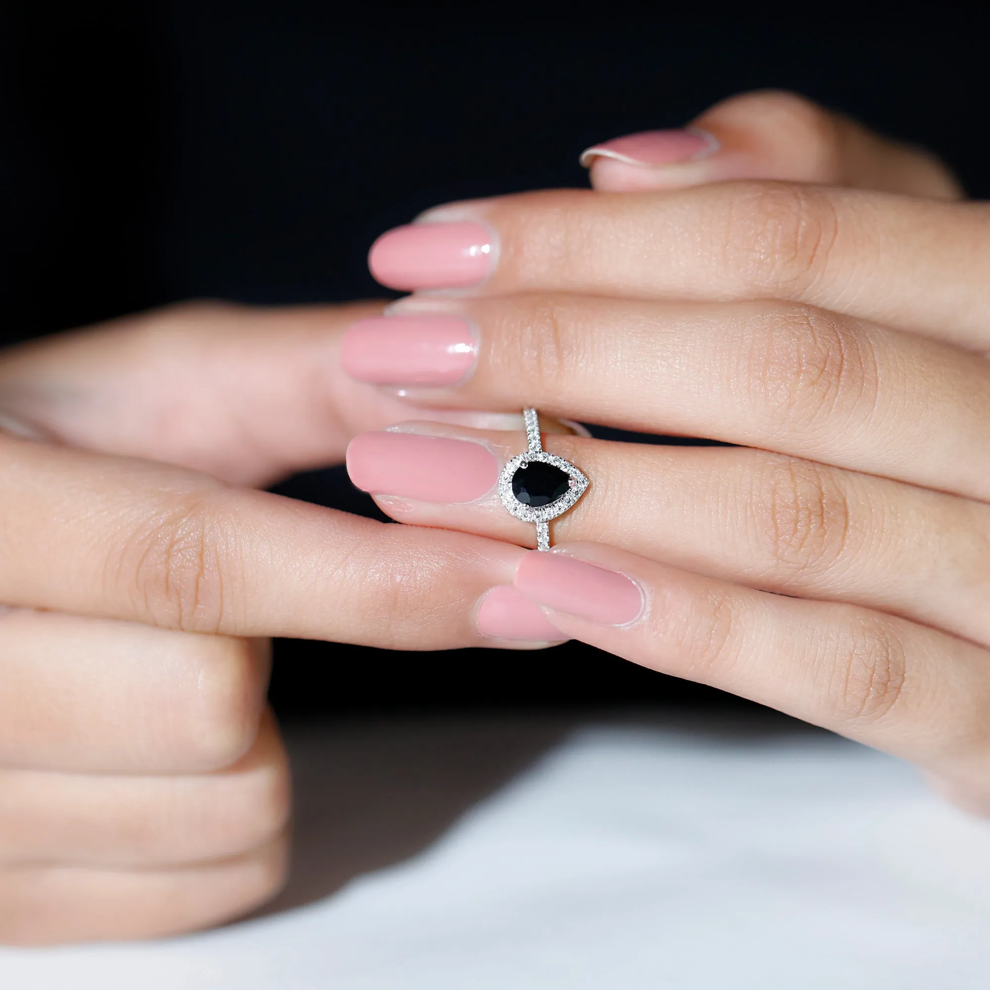 Black Onyx Teardrop Engagement Ring with Diamond Halo